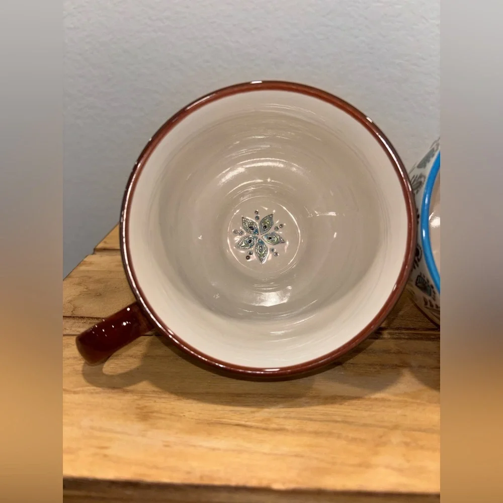 Set of 2 Pier 1 Imports Dolomite Ellie Peacock Hand Painted Footed Mugs 16oz